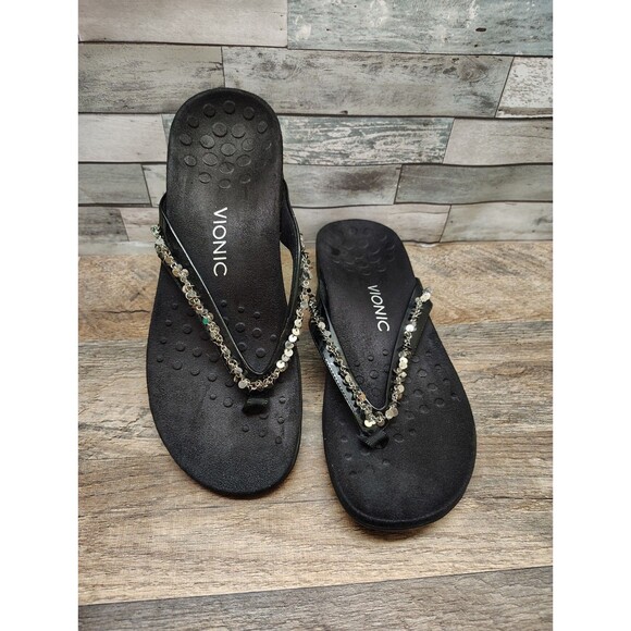 Vionic Shoes - Vionic Belize Thong Sandals Metallic Sequin Flip Flops Size 9 Womens Black NWOT